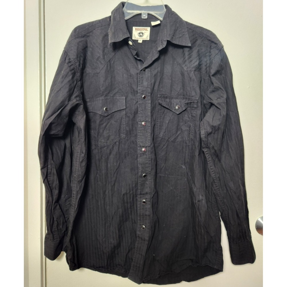Resistol Black Tonal Stripe Pearl Snap Long Sleeve‎ Collared Shirt Med Western